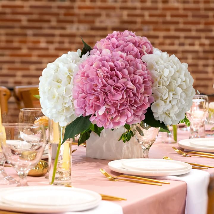 JINWOE 4pcs Pink Silk Hydrangea Fake Flowers,22" Artificial Flowers Bouquets Silk Faux Hydrangea Stems for Home Wedding Party Table Core Decoration (Pinkish Purple) - color: Pink