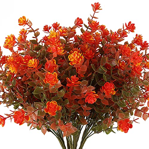 RECUTMS 8 Bundles Artificial Fall Flowers No Fade Faux Autumn Plants, Fake Indoor Outdoor Greenery Decorations for Thanksgiving Christmas Wedding Party Home Garden Fireplace Décor (Green Orange) - color: Green Orange, size: 8 Pcs