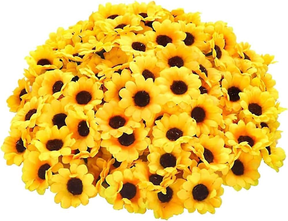 100Pcs Yellow Fashion Artificial Flower Heads Mini Fake Sunflower Decorative Fabric Flowers Craft Floral Embellishments for Wreaths Wedding Artificial Flowers