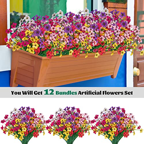 Lnoicy 12 Pcs Artificial Flowers for Outdoor,Plastic Flowers Decoration, UV Resistant Faux Flowers Shrubs, Artificial Plants for Indoor Outside Garden Home Wedding Farmhouse（6 Color） - color: Mix Colors, size: 12