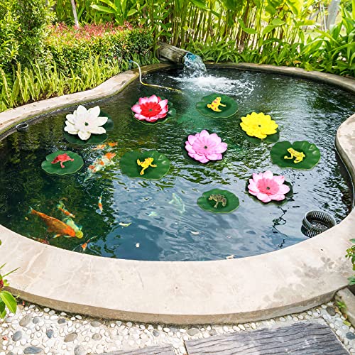 22 Pcs Water Lily Pad Artificial Floating Lotus Flower with Plastic Frog Figures Toy Set for Garden Home Decor Party Favor Koi Pond Accessories Ornament Indian Diwali Decorations Return Gifts