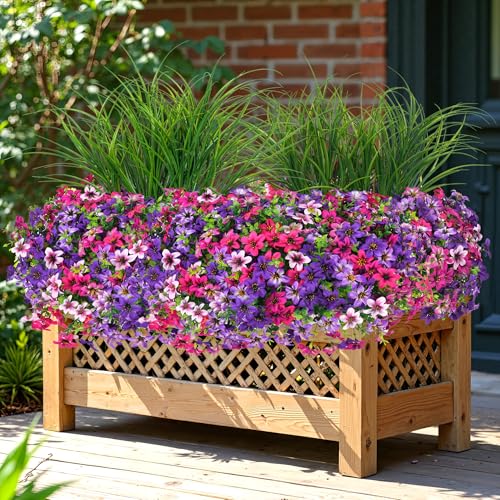Artificial Flowers,14 Bundles UV Resistant Fake Flowers Daisy with Greenery Plants Wheat grass,Faux Outdoor Flowers for Spring Summer Decoration, Outdoor Faux Plants Home Window Porch Patio Yard - color: Purple Red Powder