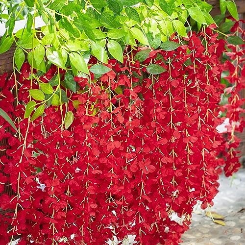 24 Pack Red Wisteria Hanging Flowers Garland, 3.77 Feet Artificial Flower Vines, Fake Wisteria, Artificial Vines Hanging Garland for Backdrop Outdoor Yard Garden Decor - color: Red, size: 24 PCS