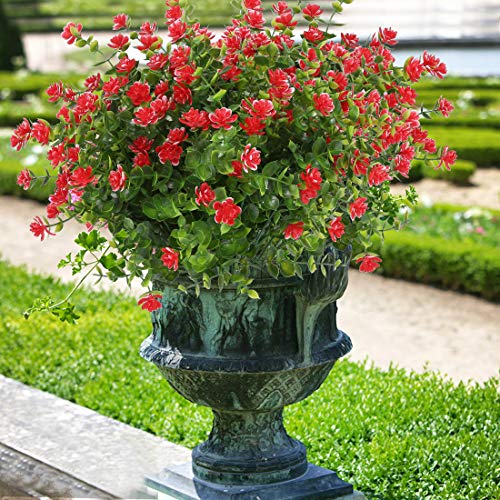 6 Bundles Artificial Flowers, Fake Artificial Greenery UV Resistant No Fade Faux Plastic Plants for Wedding Bridle Bouquet Indoor Outdoor Home Garden Kitchen Office Table Vase (Red) - color: Red