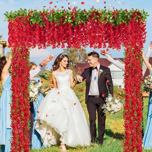 U'Artlines 10Pcs 7.2 Ft/Piece Artificial Wisteria Garland Silk Fake Red Wisteria Flowers Hanging Greenery Vines Garlands Rattan for Home Garden Wedding Arch Party Indoor Outdoor Décor - color: Red