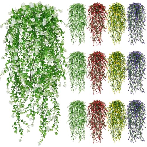 12 Pcs Artificial Hanging Flowers Fake Eucalyptus Leaf Trailing Vines Faux Flower Greenery Garland Plastic Plants for Indoor Outdoor Wall Garden Front Porch Home Decor (Mixed Color) - color: Mixed Color-12pcs