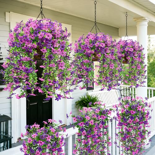 Roberly 4 Pcs Artificial Hanging Flowers for Outdoors, Realistic Faux Silk Flowers UV Resistant Fake Greenery Plants for Spring Summer Garden Porch Indoor Outdoor Home Decor, Purple - color: Purple
