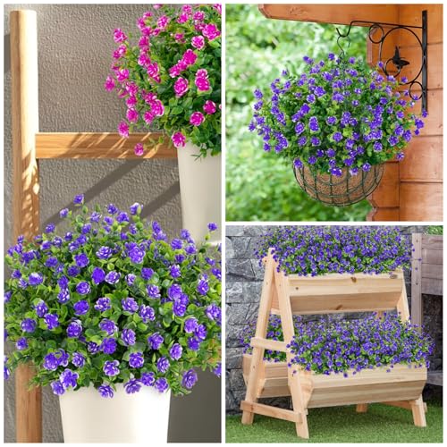 Bassion 20 Bundles Artificial Flowers for Outdoors, UV Resistant Faux Plants Outdoor Indoor Fake Flowers Plastic Greenery Shrubs Eucalyptus Stems for Garden Fence Patio Window Box Porch Pot Decor - color: Purple