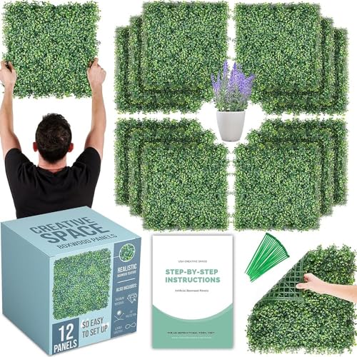 Grass Wall Backdrop, 12 Pcs 20”x20” Panels, Artificial Greenery Backdrop, Dense Leaves Privacy Hedge Screen for Indoor Outdoor Garden Fence Wedding Decor (Covers 33 Sq Ft)