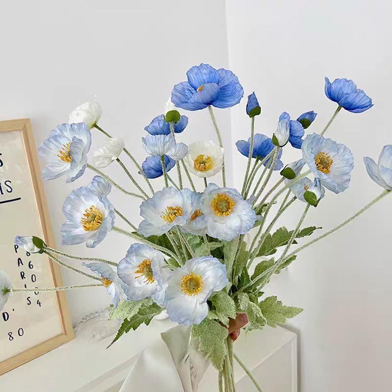 6pcs Artificial Poppy Flowers Silk Fake Poppy Flowers with Stems Faux Spring Flowers Real Touch Flowers for Home Table Centerpieces Floral Arrangement Wedding Bouquet Mixed Decoration - color: Blue-white