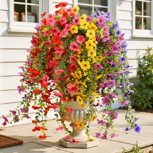 Artificial Hanging Flowers for Outdoor Decor, 6 Bundles UV Resistant Faux Silk Flowers, Fake Hanging Plants for Porch Patio Yard Planter Indoor Home Decoration(Fuchsia, Red, Purple, Yellow, Blue) - color: 5 Multicolor