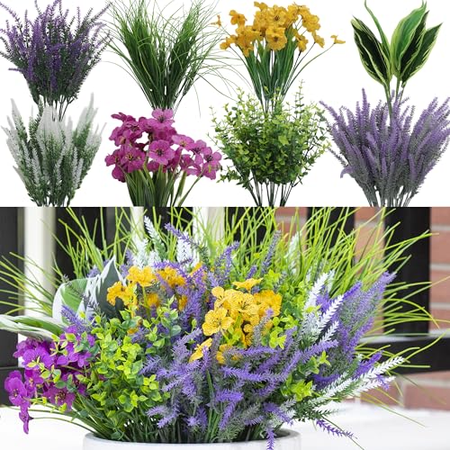 Green Moon 25PCS Artificial Plants Outdoor, Faux Lavender & Greenery Stems | UV Resistant Fake Plants, Artificial Flowers for Outdoors Planters, Garden Patio Porch, Window Box, Spring Summer Home Decor - color: Lavender Flower