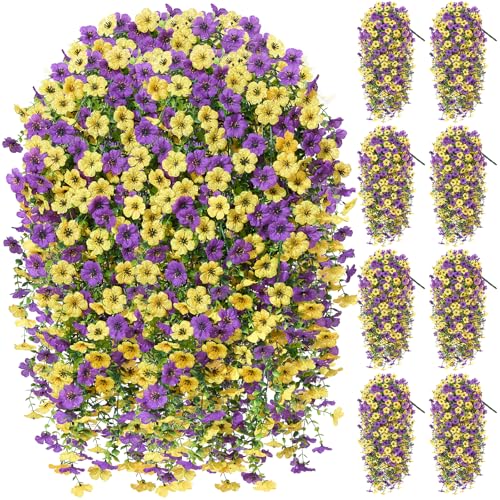 Artificial Hanging Flowers for Outdoors Spring Summer Decoration, 8PCS UV Resistant Silk Fake Hanging Plants for Patio Porch Front Yard Window Garden Indoor Decor(Purple&Yellow,8PCS) - color: Purple&yellow, size: 8PCS