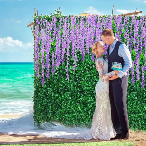 54 Pack Greenery Backdrop with Flowers Include 18 Pcs 16" x 24" Grass Wall Panels Artificial Hedge Boxwood Panels 36 Pcs 3.6 Feet Wisteria Hanging Flowers Garland for Wedding Summer(Purple) - color: Purple