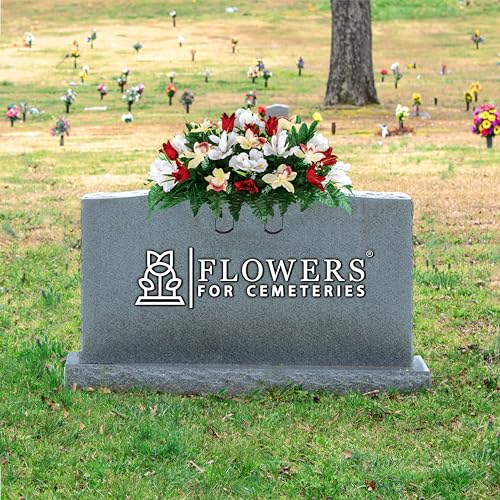 Sympathy Silks Artificial Cemetery Flowers - Grave Decoration - Red Tulips and White Iris (1) Headstone Saddle - color: Red/White, size: (1) Saddle
