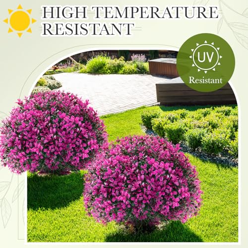 Yunlly 2 Pack 18" Artificial Boxwood Ball Bush Topiary Trees Fake Outdoor Plants, Realistic UV Resistance Faux Shrubs with Spike Greenery Topiary for Front Porch Garden Yard Patio Indoor (Fuchsia) - color: Fuchsia