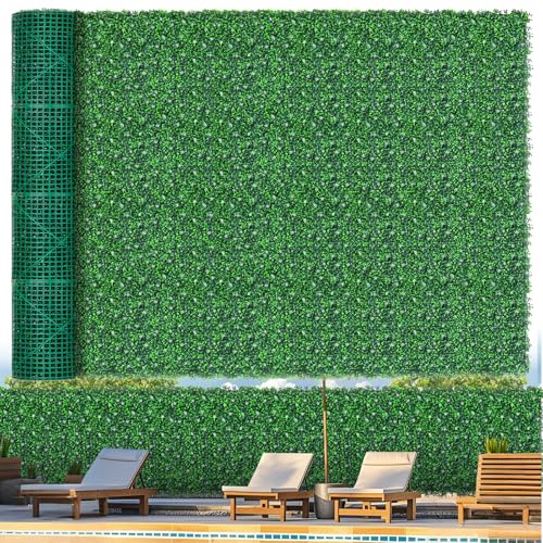 Grooy 71"x 144"(72 sq.ft) Artificial Boxwood Roll Panels with Flowers, UV-Anti Faux Ivy Leaves Privacy Fence Screen, Grass Wall Roll Panels for Indoor Home Decor and Outdoor Garden Backyard - size: 71x144 in 1 piece