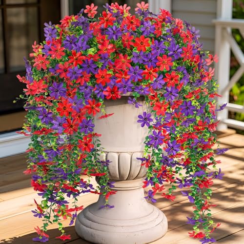 Hrobek 2 PCS Artificial Hanging Flowers Outdoor Spring Summer Decoration, Fake Hanging Vine Plants UV Resistant, Faux Daisy Flower Eucalyptus for Outside Home Indoor Porch - color: B-red Dark Purple