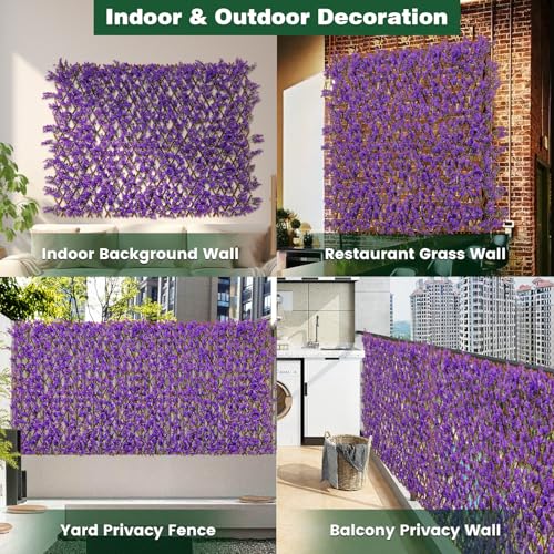 Giantex Expandable Fence Privacy Screen - Decorative Faux Purple Eucalyptus Fencing Panel for Balcony, Artificial Hedges with PE Leaves and Willow for Outdoors Garden Patio Deck Apartment, 1 Pack