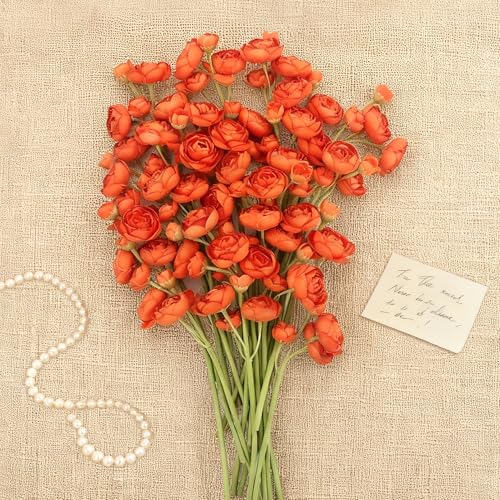 24 Stems Artificial Ranunculus Flowers - 96 Bloom Faux Silk Ranunculus Bouquet for Wedding Decorations, Home Décor, Holiday Arrangements & Large Event Centerpieces (Orange) - color: Orange