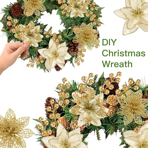 Sggvecsy 30 Pcs 3 Styles Christmas Glitter Poinsettia Flowers Artificial Berry Picks Christmas Tree Ornaments Artificial Christmas Flowers with Clips for Xmas Wedding Wreath Floral Decorations(Gold) - color: Gold