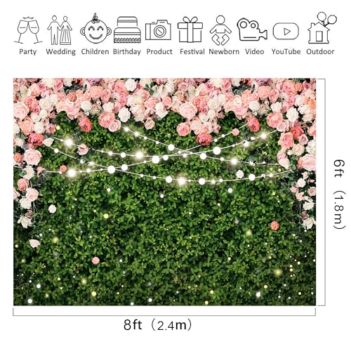 Riyidecor Pink Rose Green Leaves Backdrop Polyester Fabric Rustic Flower Floral Blossom Botanical Plant Spring Nature Wedding 8Wx6H Feet Women Girls Photography Background Birthday Photo Studio Shoot - color: A-Green, size: 8Wx6H