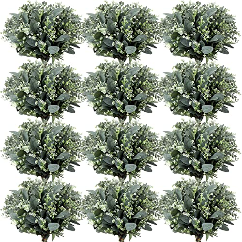 Janinka Mixed Eucalyptus Leaves Stems Bulk with White Seeds Artificial Silver Dollar Leaves Sprays Faux Oval for Wreath Garland Floral Bouquets Arrangement Wedding Greenery Decoration(60 Pcs)