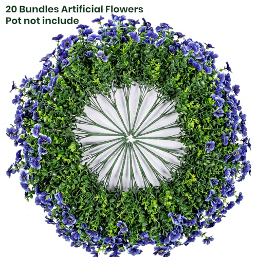 Lnoicy 20 Bundles Artificial Flowers for Outdoor Fake Plants for Spring Decoration,Faux Eucalyptus Flowers for Planter UV Resistant Lifelike for Home Porch Garden（Blue） - color: Blue