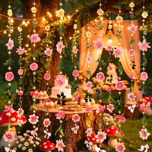 Livole 6Pcs 36Ft Hanging Flower Garland with Light Pink Wildflower Garlands Backdrop Silk Rose Fake Floral Vines with Hooks for Spring Party Wedding Birthday Anniversary Arch Wall Garden Decor - color: Pink With Light, size: 6Pcs
