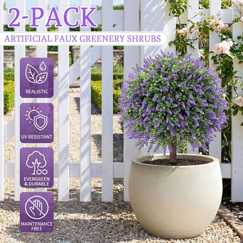 Artificial Boxwood Topiary Ball Trees with Lavender with Spikes for Outdoor 27" Set of 2, UV Resistant Faux Greenery Shrubs, Realistic Fake Bushes Plants for Garden Yard Front Porch Patio Decor - color: Boxwood Lavender