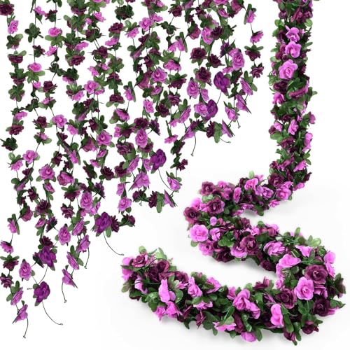 Sherika 9 Pcs 72FT Artificial Flower Garland, Fake Purple Roses Vines Hanging Silk Flowers Faux Floral Garland for Wedding Arch Room Wall Backdrop Bedroom Centerpieces Mothers Day Decorations - color: Purple