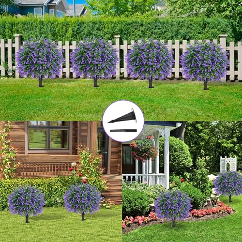 Grooy Artificial Boxwood Topiary Ball with Lavender, Set of 4 Artificial Shrub Bushes with Ground Spike, UV Resistant Fake Evergreen Plant Tree for Porch Outdoor Planters Indoor Valentine's Day - color: Lavender Ball 4pcs