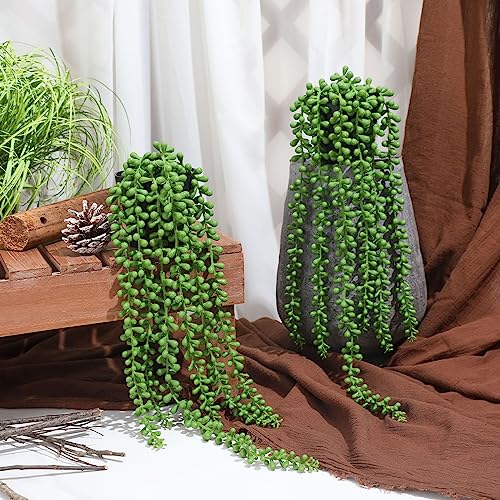 Floweroyal 2pcs Fake Hanging Plants Fake Potted String of Pearls Succulent Plants Small Faux Plants for Indoor Outdoor Shelf Wall Decor - color: Type2-green-2pcs