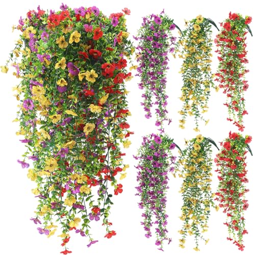 6 Pcs Fall Artificial Hanging Flowers Outdoor Faux Silk Mum Plant Decor Violet with Eucalyptus Realistic UV Resistant Trailing Vine Fall Porch Yard(Classic Color,Violet) - color: Classic Color, style: Violet