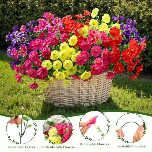 Alupssuc 24 Bundles Artificial Flowers for Outdoors, Faux Spring Flowers for Decoration, UV Resistant Silk Morning Glory with Eucalyptus Realistic Fake Flowers for Yard Planter Porch Garden, 4 Colors - color: Red, Fuchsia, Deeppurple, Yellow