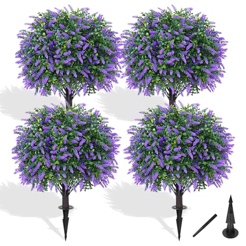 Grooy Artificial Boxwood Topiary Ball with Lavender, Set of 4 Artificial Shrub Bushes with Ground Spike, UV Resistant Fake Evergreen Plant Tree for Porch Outdoor Planters Indoor Valentine's Day - color: Lavender Ball 4pcs