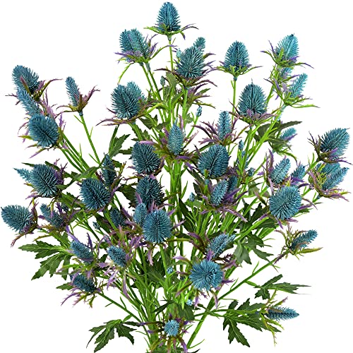 FiveSeasonStuff Real Size Artificial Real Touch Eryngium (Sea Holly) Northern Lights Blue Thistles (5 Stems) - color: Northern Lights Blue