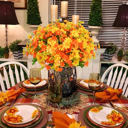 Uieke 12 Bundles Artificial Flowers for Outdoors UV Resistant Fake Daisy Mums Flowers Bulk No Fade Greenery Shrubs for Outside Home Wedding Window Box Garden Porch Fall Décor (Orange Yellow) - color: Yellow,orange, size: 12