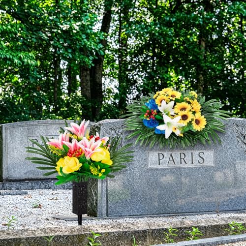 24 PCS Artificial Fern Stems - Silk Green Fern Cemetery Flower Leaf,Faux Cemetery Palm Leaves with Stems,Fake Palm Fronds Greenery Stems Fern Leaves for Cemetery Saddles Headstone DIY Floral Decor - size: 24pcs