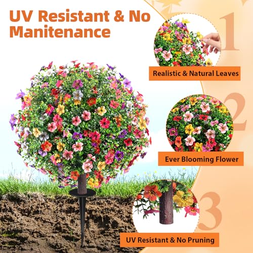 27.5" Artificial Flowers Boxwood Topiary Ball Tree Set of 2, UV Resistant Fake Bushes Shrubs with Ground Spike, Faux Evergreen Tree for Front Porch Outdoor Garden Decor - color: Colorful-flowers
