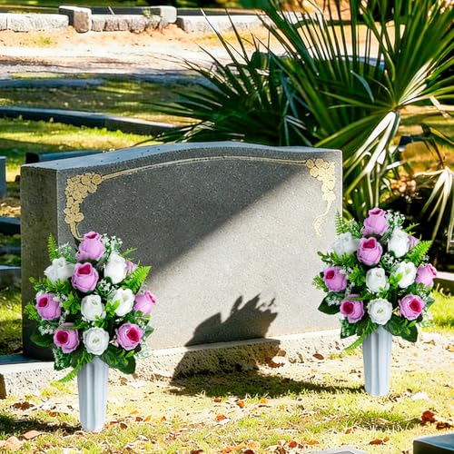 XONOR Artificial Cemetery Flowers for Grave Decorations, Artificial Memorial Roses Flowers Bouquet with Vase for Cemetery Headstones Decoration, 2 Sets (Pink&White) - color: Pink&white