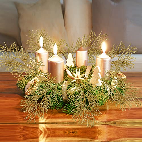 15 Pcs Gold Glitter Artificial Cedar Sprigs Picks Faux Cedar Branches Stems Christmas Tree Picks Sprays 15.4" H for Gold Christmas Tree Wreath Wedding Bouquet Winter Seasonal Holiday Decoration - color: Gold