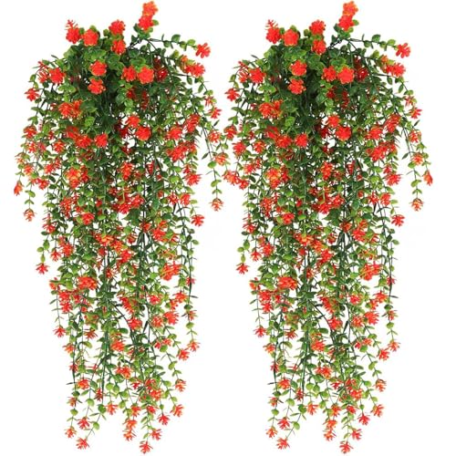 Artificial Hanging Flowers for Outdoor Indoor Decor, 6 Packs Fake Eucalyptus Vine Faux Flower Greenery Garland Plastic Plants Outside UV Resistant Wall Garden Wedding Home Party Decor (Orange) - color: Orange