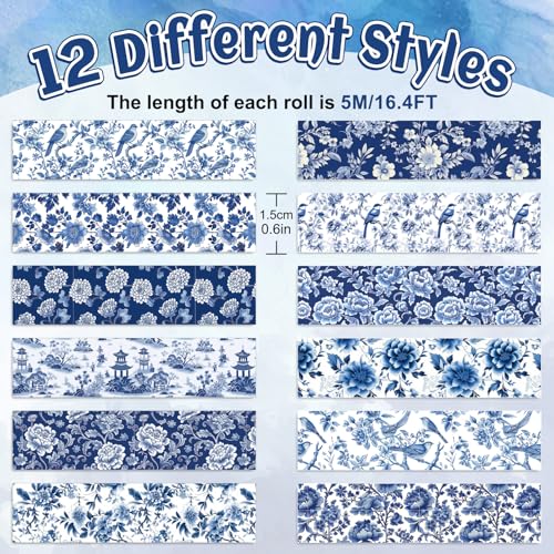 FYSUIMU 12 Rolls Blue Floral Washi Tape Chinoiserie Flower Bird Decorative Masking Tape Set Blue White Toile Wrapping Paper Tapes for Scrapbook Journal DIY Art Crafts - style: Blue Floral