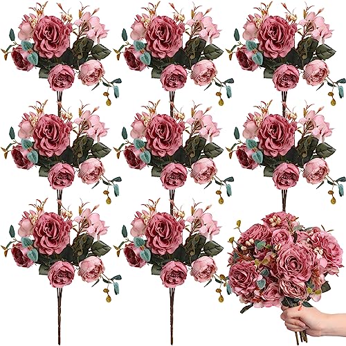 Yunsailing 8 Packs Artificial Peony Flowers Faux Silk Hydrangea Bouquet Vintage Wedding Home Table for Door Decor Reusable Bouquet of Rose Flowers for Valentine Wedding Birthday Party(Dark Pink) - color: Dark Pink, style: Hydrangea