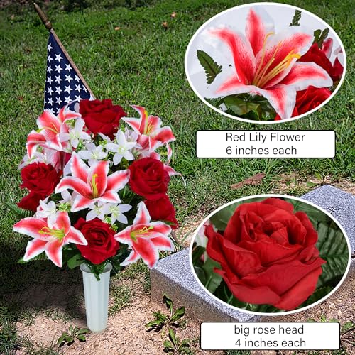 XONOR Artificial Cemetery Flower for Graves, Cemetery Memorial Flowers with Vase for Gravesite Outdoor Tombstone Decorations, Lily Rose Flowers Bouquets (Red Lily, 2 Bouquets) - color: Red