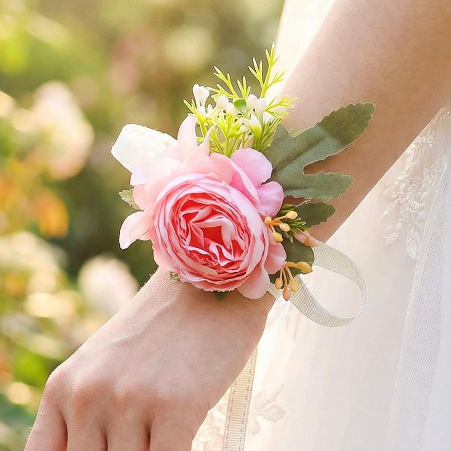 Wedding Corsage Wristlet Red Rose Wrist Corsage for Women (Pink) - color: Pink