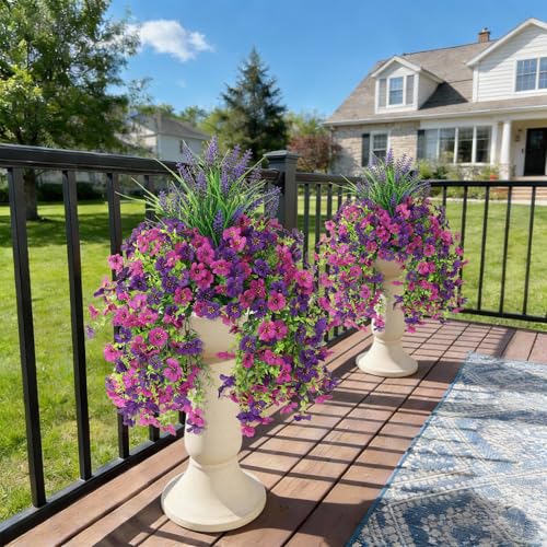Artificial Fake Hanging Flowers Plants for Outdoor Outside Decoration, Faux Silk Daisy Flower Realistic UV Resistant for Front Porch Patio Balcony Garden Yard Indoor Planter Home Decor(Purple) - color: Mixed 1