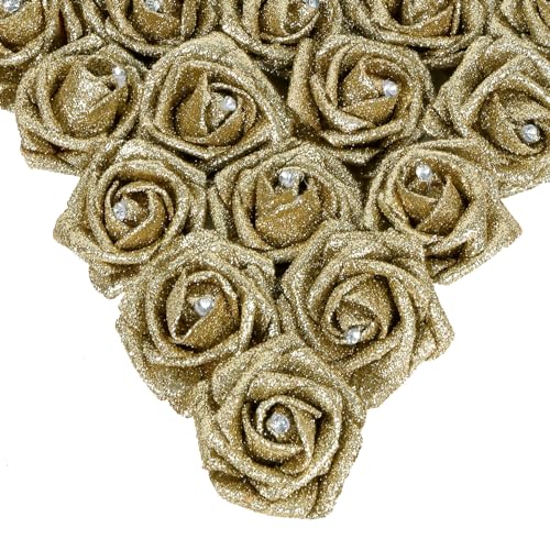 IPOPU Gold Roses,25PCS Glitter Roses Bouquet Gold Artificial Roses with Crystal for Christmas Wedding Bouquet Home Party Decoration(Gold) - color: Gold With Crystal
