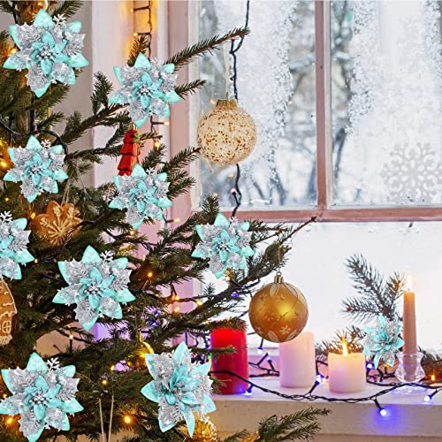36 Pcs Christmas Glitter Artificial Poinsettia Flowers Xmas Poinsettia Artificial Wedding Flowers Decorations Xmas Tree Ornaments with Clips for Party, 6 Inch, 4 Inch, 3 Inch(Silver and Green) - color: Silver and Green